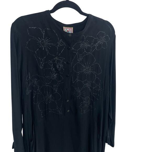 Johnny Was Sequin Floral Print Asymmetric Black Button Up Dress Womens Medium - Picture 2 of 9